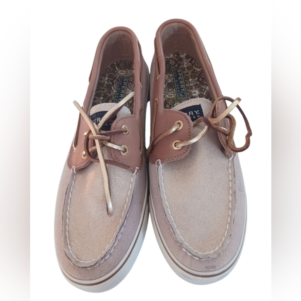 Sperry Womens Bahama Tan W/ Gold Metallic Boat Shoes Size 9.5 NWT